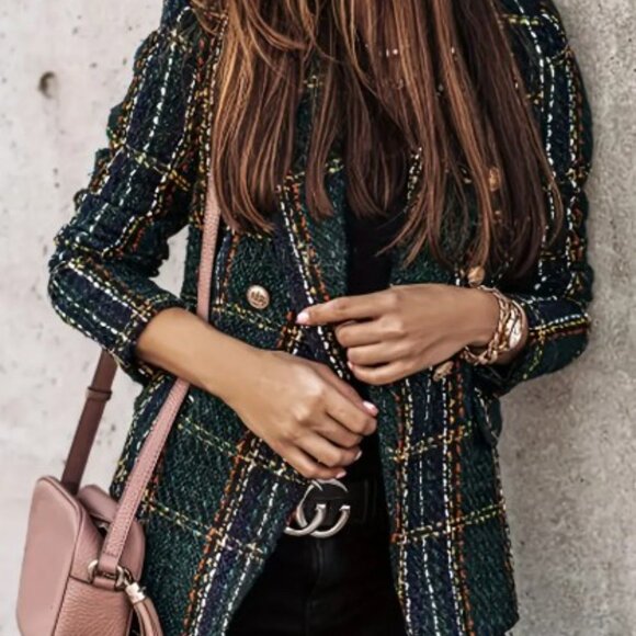 ✨NEW✨Women's Elegant Plaid Double Button Blazer Jacket - Black/Green - L - Picture 3 of 7